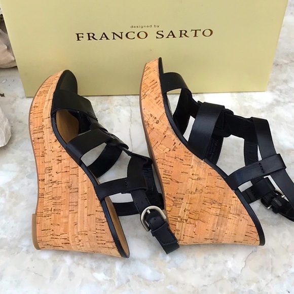 NWT In Original Box Franco Sarto Cera Blk Leather Cork Wedge Sandals Size 7.5 M - Picture 4 of 15